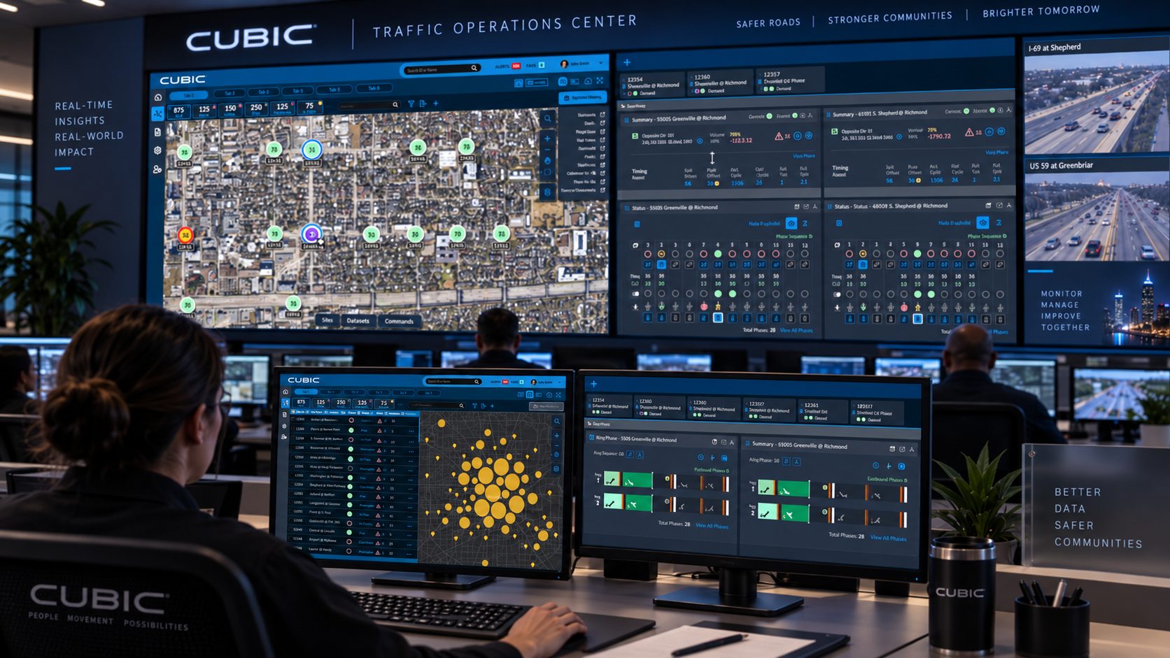Cubic traffic operations center with real-time network monitoring displayed across a control-room video wall and operator workstations.