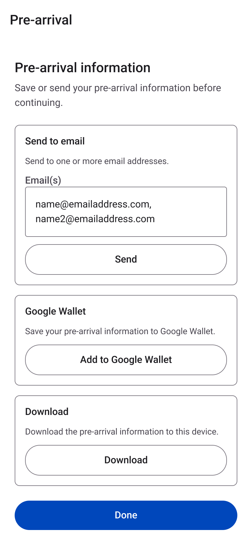 Android pre-arrival options screen