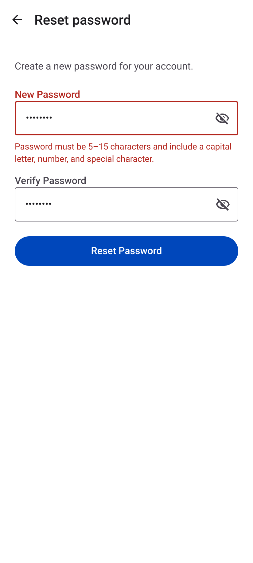 Android reset password validation screen