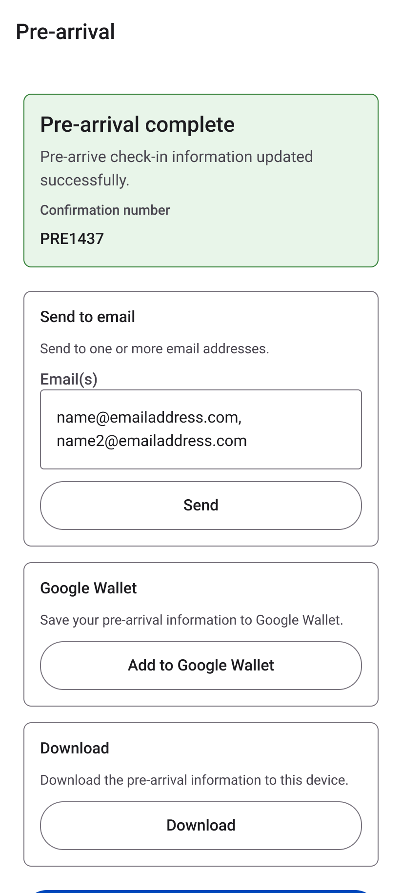 Android pre-arrival completion screen