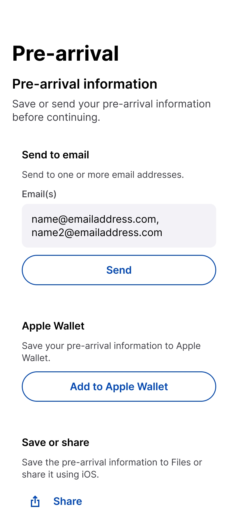 iOS pre-arrival options screen