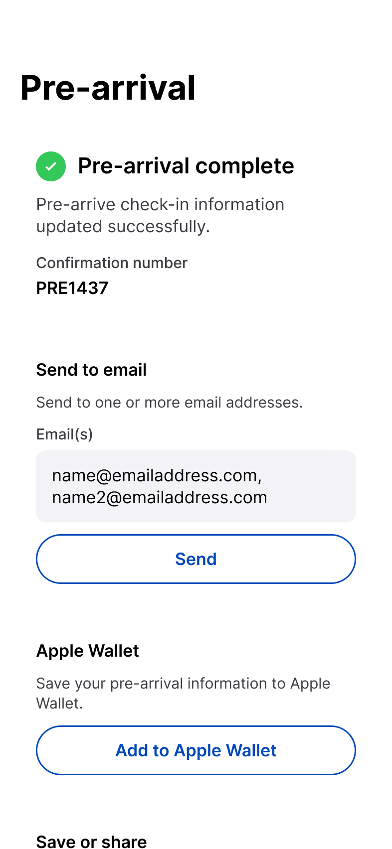 iOS pre-arrival completion screen