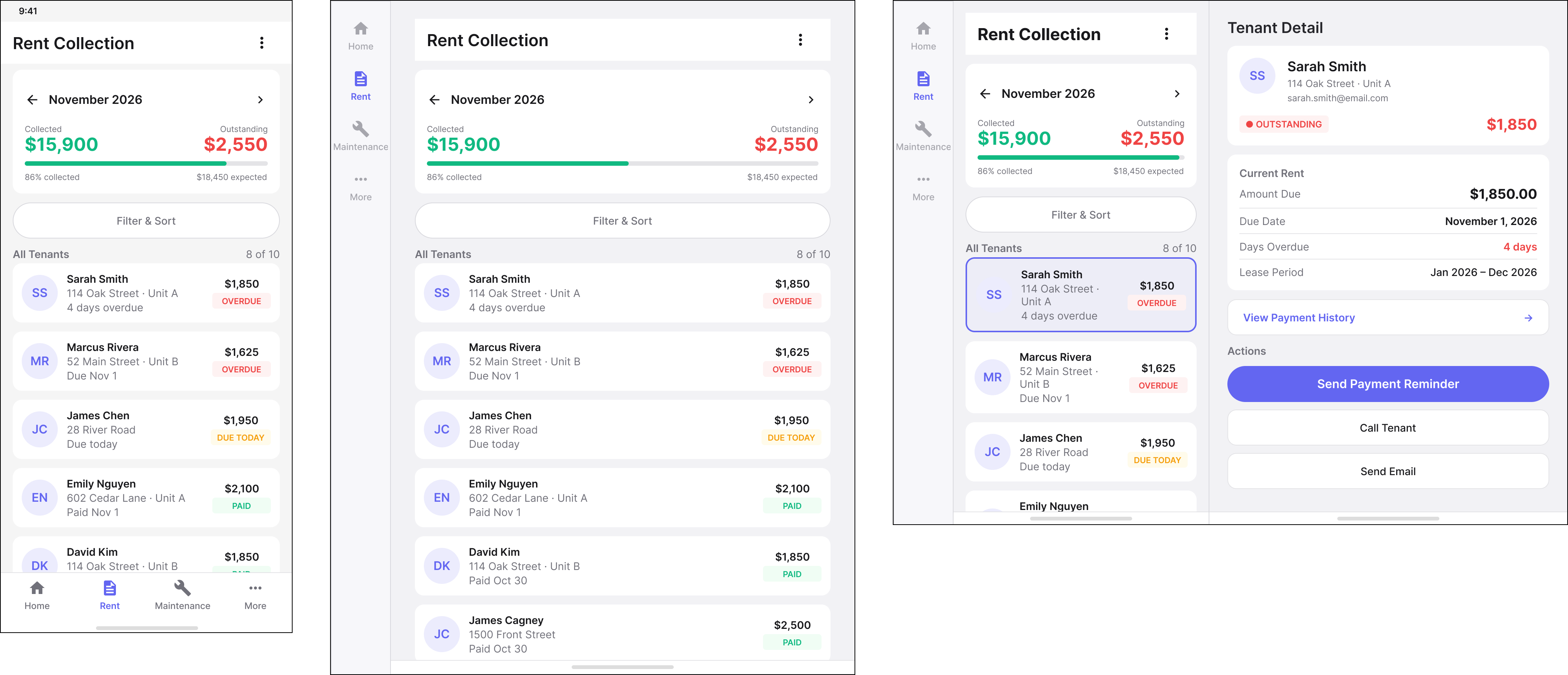 Android Compact, Medium, and Expanded adaptive RentalHQ layouts.