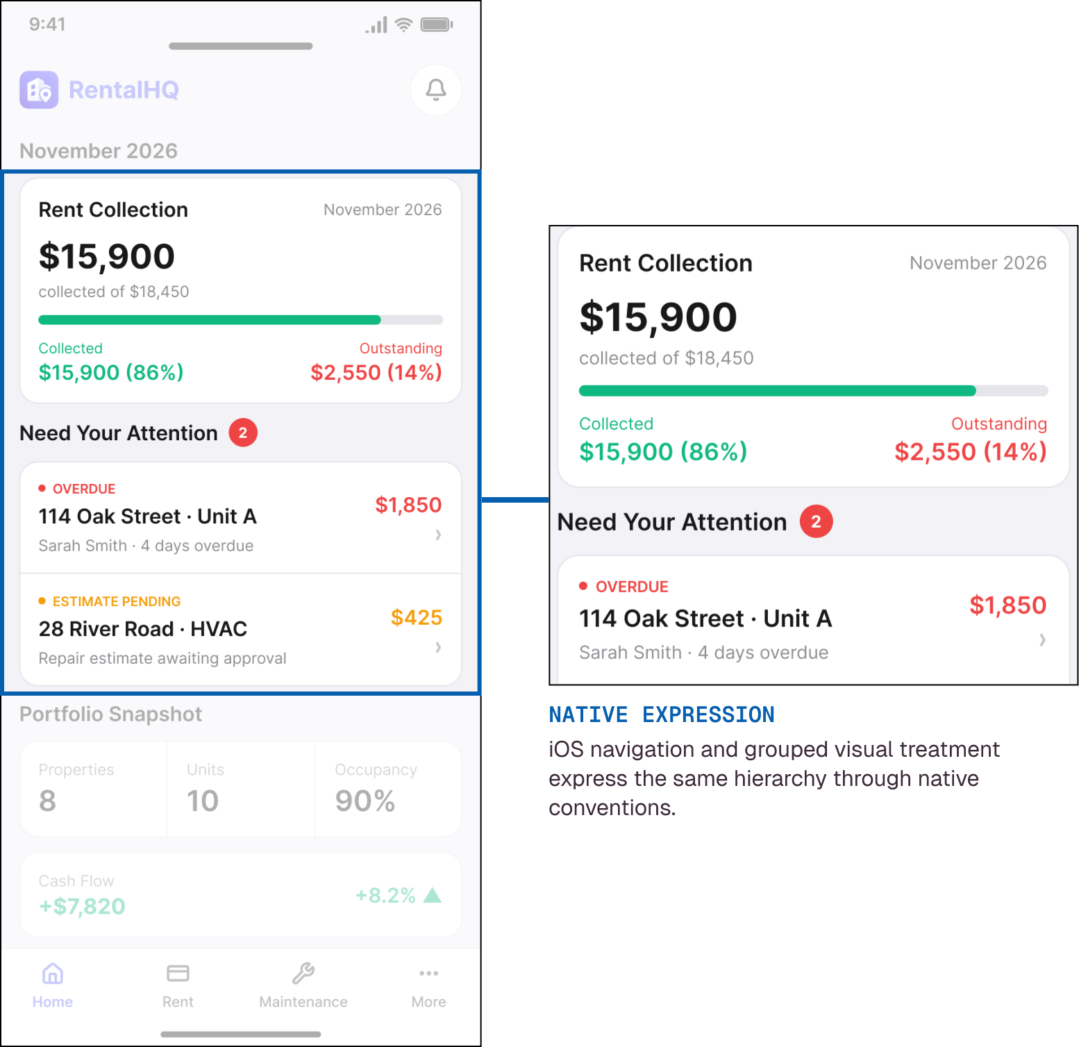 iOS RentalHQ collection health screen.