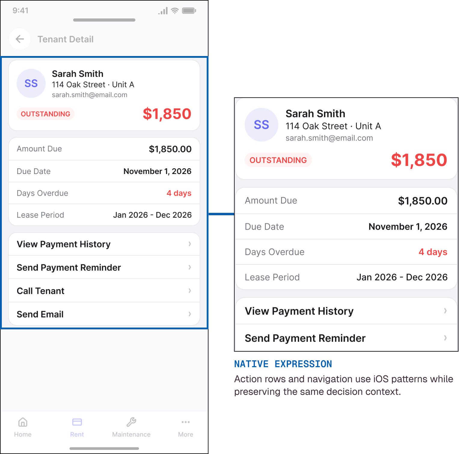 iOS RentalHQ portfolio context screen.
