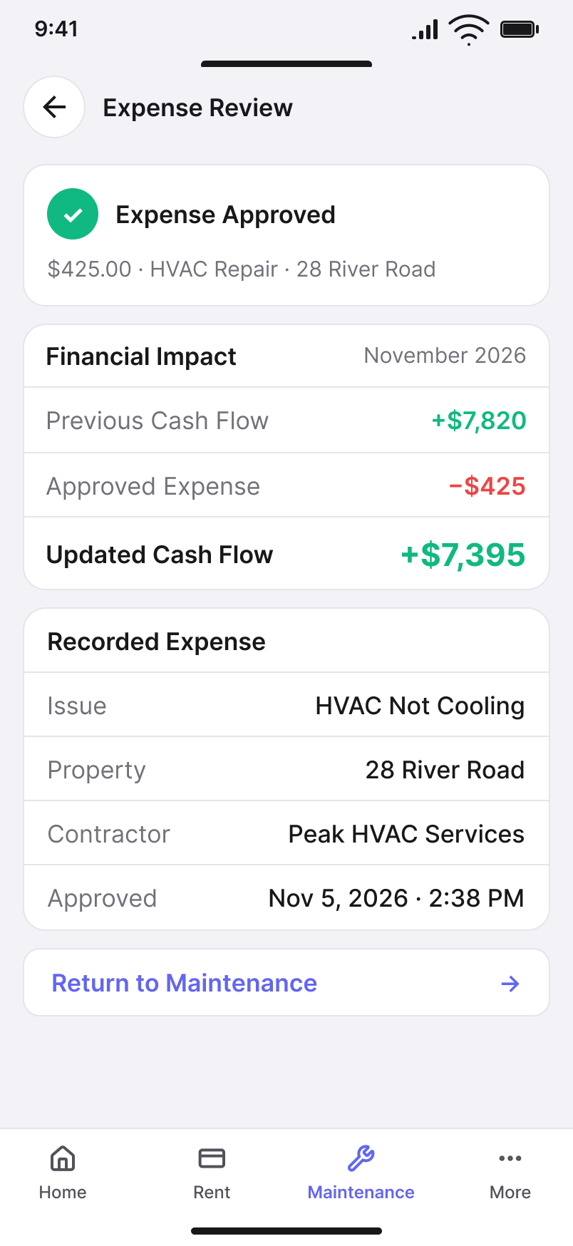 iOS cash flow impact after expense approval.