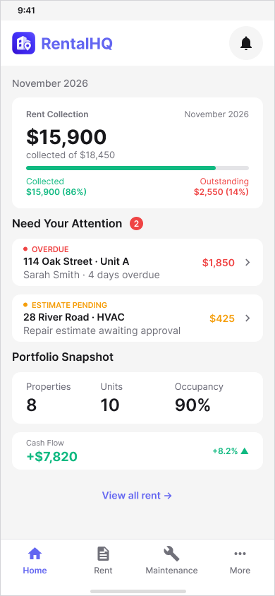 RentalHQ Android mobile home screen.