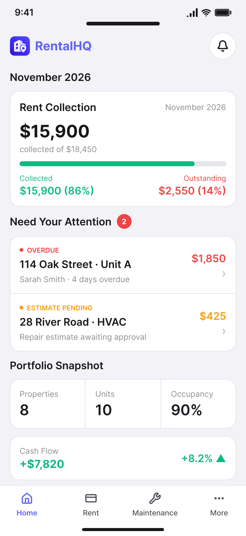iOS RentalHQ Home screen.
